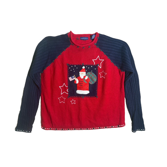 Karen Scott Sweaters - Christmas Sweater American Santa Ramie Wool Flag USA Sz Large Karen Scott Vtg